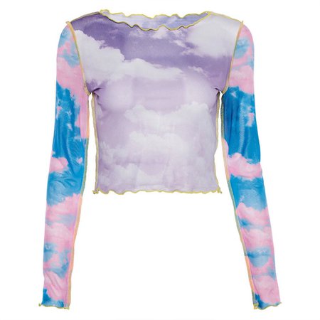 NZND Blue Sky Cloud Print Mesh T Shirt Women Crop Top Transparent