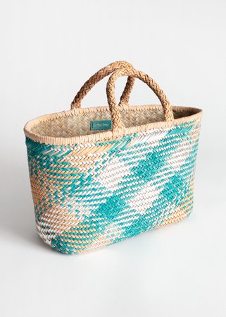 Braided Leather Straw Bag - Turquoise Beige - Totes - & Other Stories
