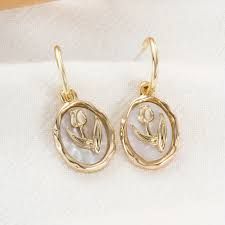 temu Golden Oval Shape Tulip Flower Decor Dangle Earrings Retro Elegant Style 14K Gold Plated Jewelry Delicate Earrings - Google Search