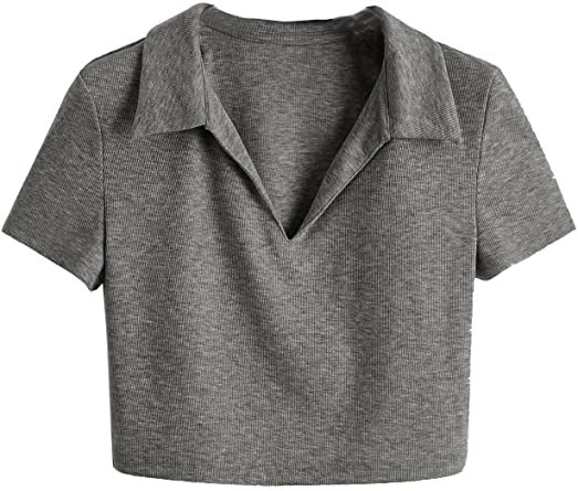 SweatyRocks Women's Collar Ribbed Knit Tee Short Sleeve Crop Top T-Shirts at Amazon Women’s Clothing store