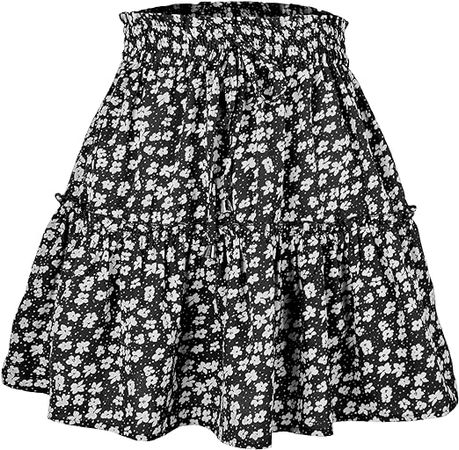 Amazon.com: Mingnos Women's Cute Layered Ruffle Floral Printed High Waisted A-line Mini Skirt with Drawstring Décor (Black, L) : Clothing, Shoes & Jewelry