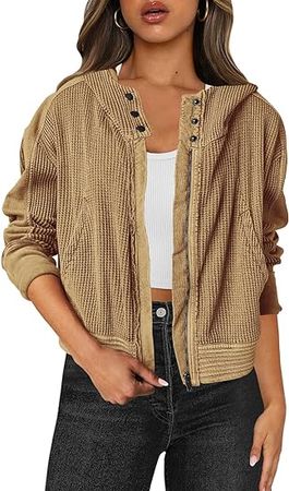 Amazon.com: LAMISSCHE Womens Zip Up Hoodies Waffle Knit Jacket Shacket Slouchy Long Sleeve Hooded Crop Tops Coat With Pockets : Clothing, Shoes & Jewelry