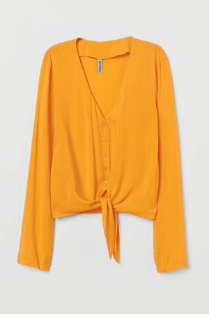 Tie-front V-neck Blouse - Yellow