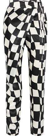 Wrap-effect Checked Silk-satin Tapered Pants