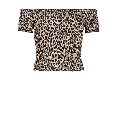Teens Brown Leopard Print Shirred Bardot Top