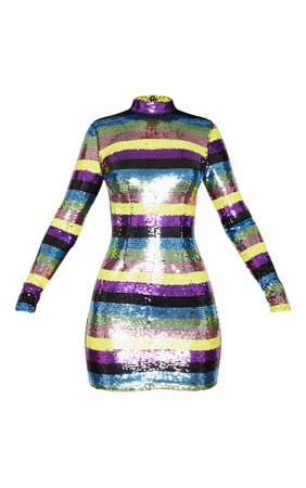Multi Sequin High Neck Long Sleeve Bodycon Dress | PrettyLittleThing