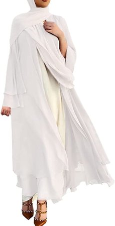 OBEEII Women Muslim Abaya Long Sleeve Chiffon Maxi Dress One-Piece Loose Full Cover Islamic Robe Kaftan Abayas White at Amazon Women’s Clothing store