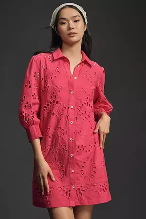 By Anthropologie Long-Sleeve Embroidered Buttondown Mini Dress | Anthropologie
