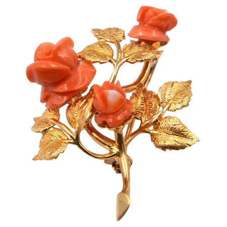 Yellow Gold Coral Rose Brooch