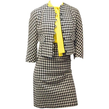 60s Mod Black and White Houndstooth Suit with Yellow Blouse For Sale at 1stdibs