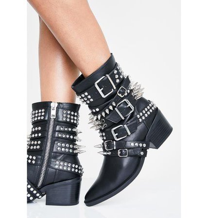 Current Mood Studded Western Boots Vegan Leather Buckles Spikes | Dolls Kill