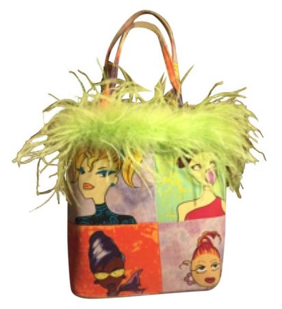 Fun & Funky Bright Block Shoulder with Line Trim Orange/Green/Yellow Ostrich Feather/Cotton-canvas Tote - Tradesy