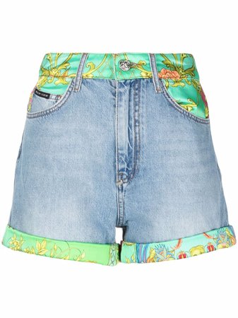 Shop Philipp Plein New Baroque-print panelled denim shorts with Express Delivery - FARFETCH