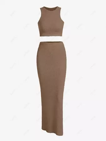 Textured Knitted Thigh Split Maxi Skirt Set In DEEP COFFEE | ZAFUL 2024