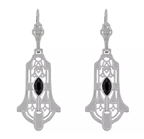 Art Deco Geometric Black Onyx Dangling Sterling Silver Filigree Earrings