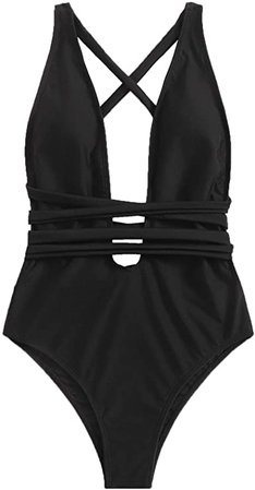 SweatyRocks Women's Sexy Basic Criss Cross Tie Knot Front Deep V Open Back One Piece Swimwear Z#Black S at Amazon Women’s Clothing store