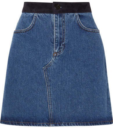 Victoria, Suede-trimmed Denim Mini Skirt - Mid denim