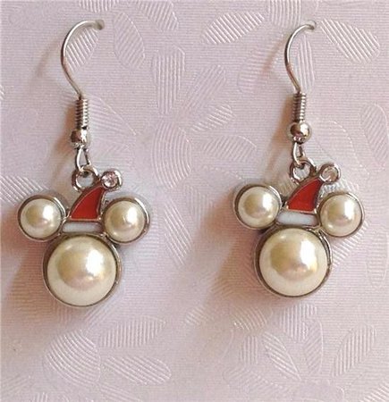 Mickey Mouse Pearl Christmas Earrings Silver Plated Pearls Crystal Santa Hat