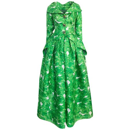1980s Unlabeled Jean Louis Scherrer Printed Green Silk Gazar Dress For Sale at 1stdibs