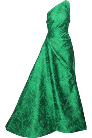 Reem Acra, One-shoulder Gathered Cloqué-jacquard Gown in Green Emerald