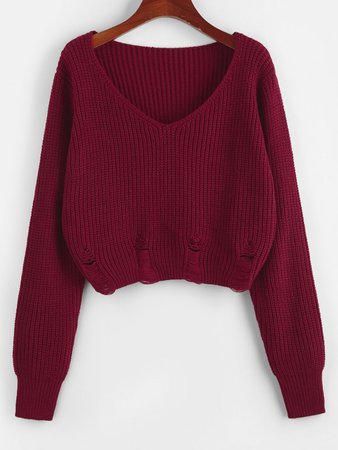[24% OFF] 2020 ZAFUL V Neck Ripped Crop Sweater In DEEP RED | ZAFUL