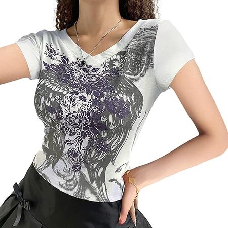 Women Fairy Graphic Print Crop Top Retro Grunge Short Sleeve Shirt Vintage Slim Fit Tees Streetwear at Amazon Women’s Clothing store
