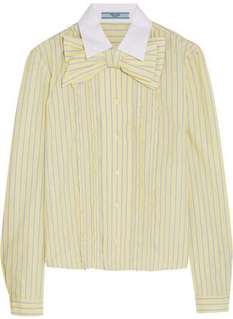 Bow-embellished Ruffled Striped Cotton Shirt - Pastel yellow