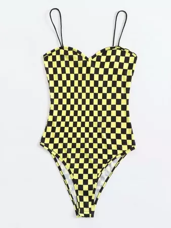 Form Fitted Checkered Cami Bodysuit | SHEIN USA yellow