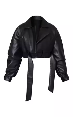 Black Oversized Belted Hem Cropped Biker Jacket | PrettyLittleThing USA