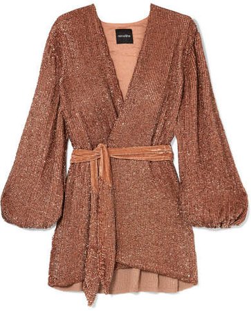 Retrofête - Gabrielle Velvet-trimmed Sequined Chiffon Mini Wrap Dress - Bronze