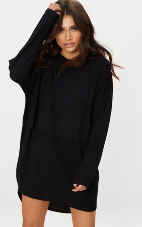 Black Long Sleeve Layer Jersey T Shirt Dress | PrettyLittleThing