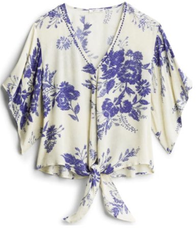blue and white floral print tie front top