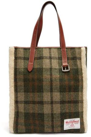 Shearling Trimmed Checked Harris Tweed Tote - Womens - Green Multi
