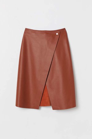 Leather Wrap-front Skirt - Orange