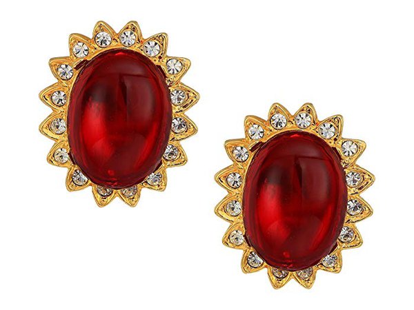 Kenneth Jay Lane Gold with Crystal Trim Ruby Cabochon Center Clip Earrings