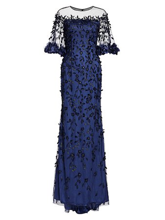 Theia Off-The-Shouler Embroidered Crystal 3D Leaves Gown | SaksFifthAvenue