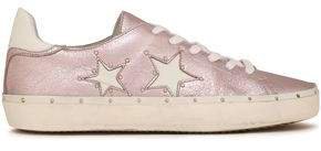 Studded Metallic Cracked-leather Sneakers