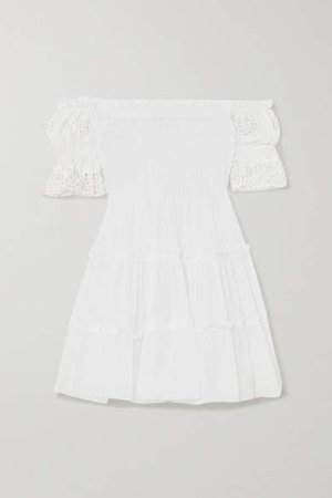 Nancy Off-the-shoulder Crocheted Lace-paneled Cotton-voile Mini Dress - White