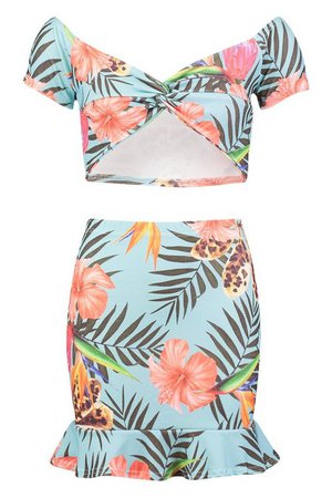 Tropical Print Twist Top & Ruffle Skirt Co-Ord | Boohoo