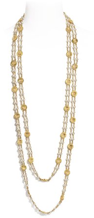 Long necklace, metal and glass pearls, gold and pearly white - CHANEL