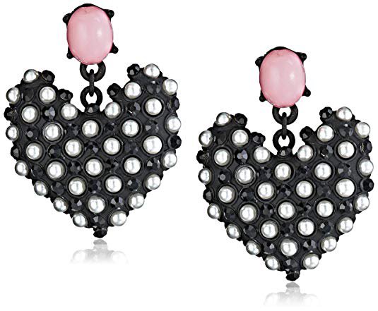 Betsey Johnson "Wonderland" Faux Pearl Heart Drop Earrings: Jewelry