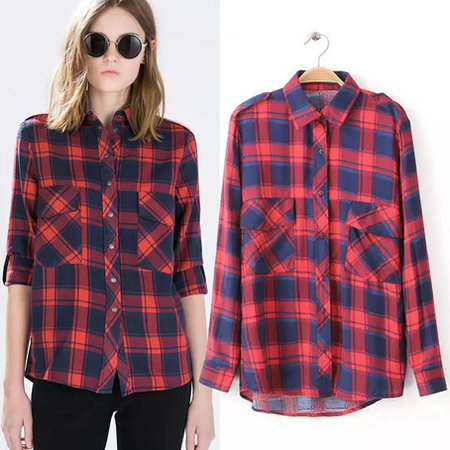 Womens Checked Shirt Red & Blue Plaid Blouse Long Sleeve Lapel Collar