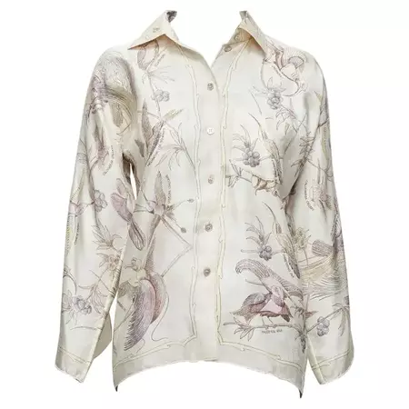 HERMES Vintage 100% silk cream bird print scarf slit sleeve kimono shirt FR34 XS For Sale at 1stDibs
