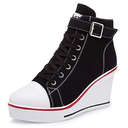 Smilety Women's Sneaker Fashion Canvas High-Heeled Shoes Lace UP Wedges Pump Shoes