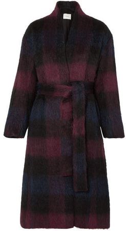 Belted Checked Brushed Wool-blend Coat - Plum