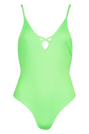 Neon Plunge Lace Up Back Swimsuit | boohoo