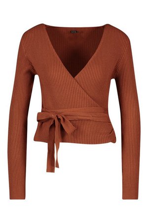 Wrap Front Belted Knitted Top | Boohoo brown