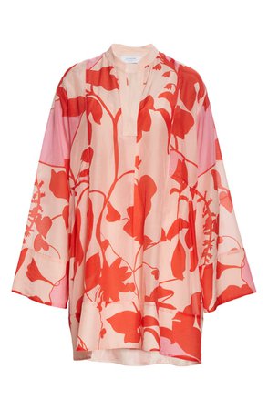 Floral Long Sleeve Cotton & Silk Shift Minidress | Nordstrom