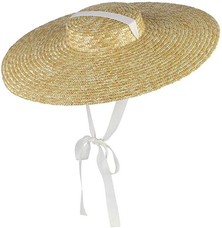 Jelord Women Vintage Boater Straw Hat Wide Brim Flat Top Floppy Derby Straw Hat Beach Sun Hats with Chin Strap at Amazon Women’s Clothing store
