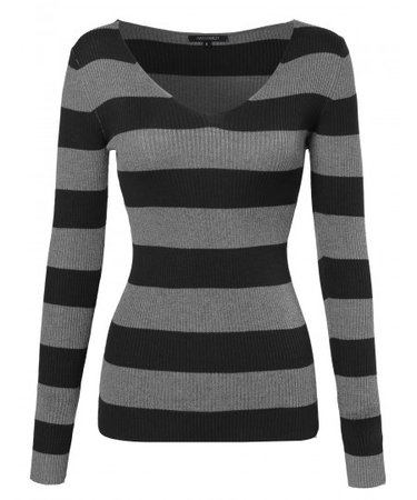Women's Striped Long Sleeve V Neck Ribbed Knit Top | 03 Grey Black